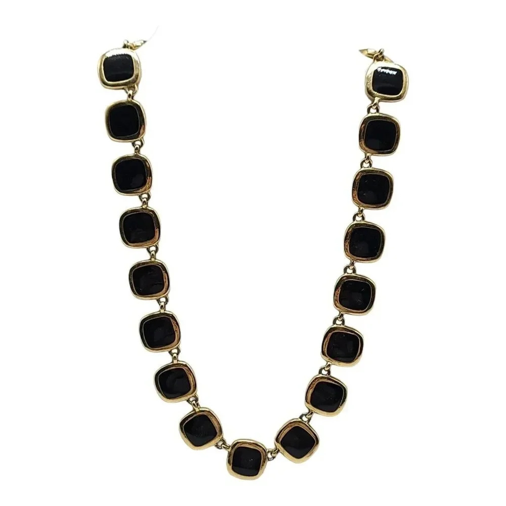 1980s Heavy Reversible Black Beige Enamel Runway Couture Necklace 17-20"